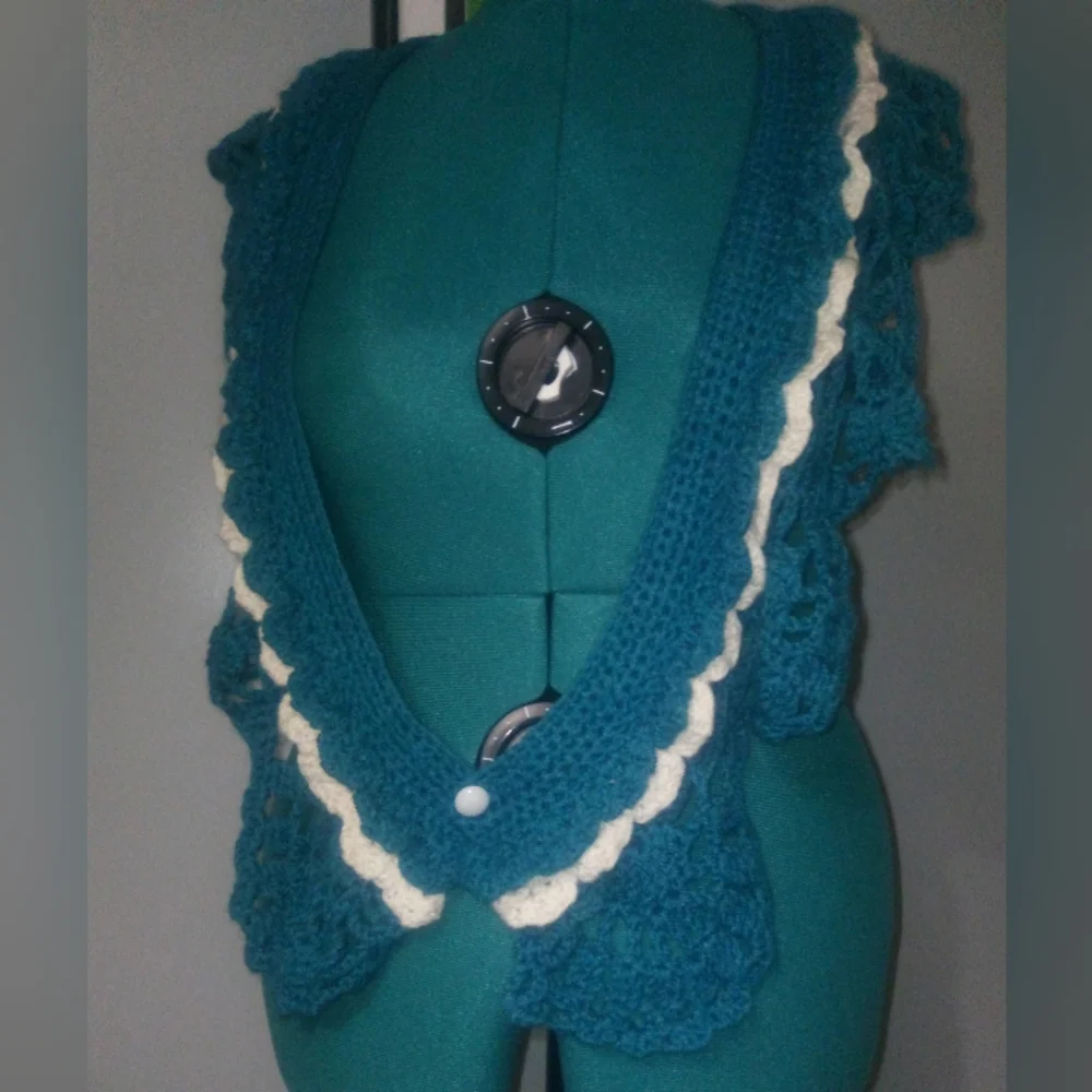 Crochet Multi-Wear Scarf/Wrap/Vest/Accessory in Teal & White NEW